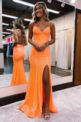 Sparkly Orange Sequins Mermaid Long Prom Dress